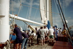 Lowering the sail off of Mayreau